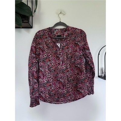 NWT Talbots Cotton Metallic Floral Print Half Button Long Sleeve Blouse Small