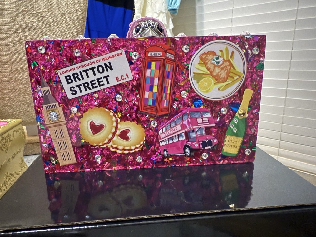 Kurt Geiger London Box Clutch Pink Acrylic Glitter British Icons