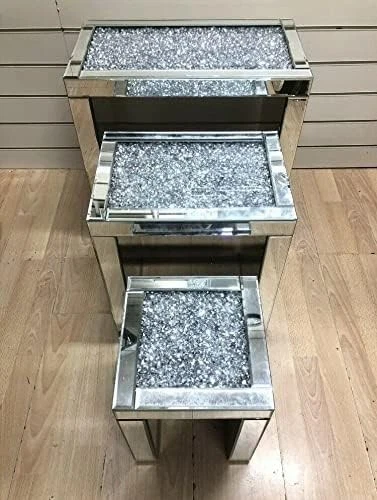 Crushed Diamond Coffee Table Nest Set Mirrored Silver Glass Wood Rectangular - Image 2 of 4