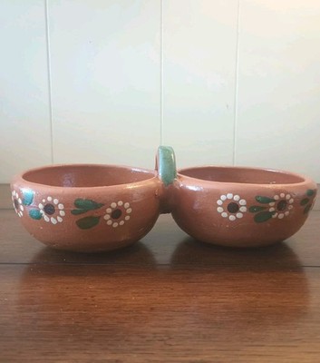 Mexican Red Clay Pottery Condiment Salsa Bowl Two Sides Hand Painted Rustic 