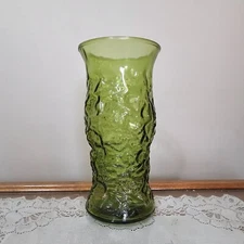 Vintage E.O. BRODY CO. Green Crinkle Glass Vase c. 1960
