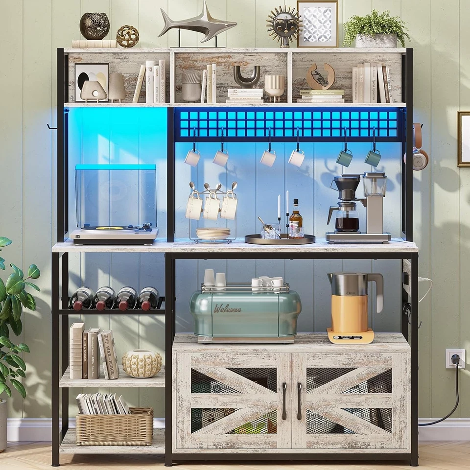 Estante para panaderos de 47,2" con luz LED y ganchos 8-S estación de gabinete de bar de café de granja Foto 3 de 4