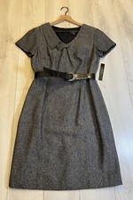 NWT Tahari Gray Light Tweed Black Belted Cap Sleeve Sheath Dress Sz 8P