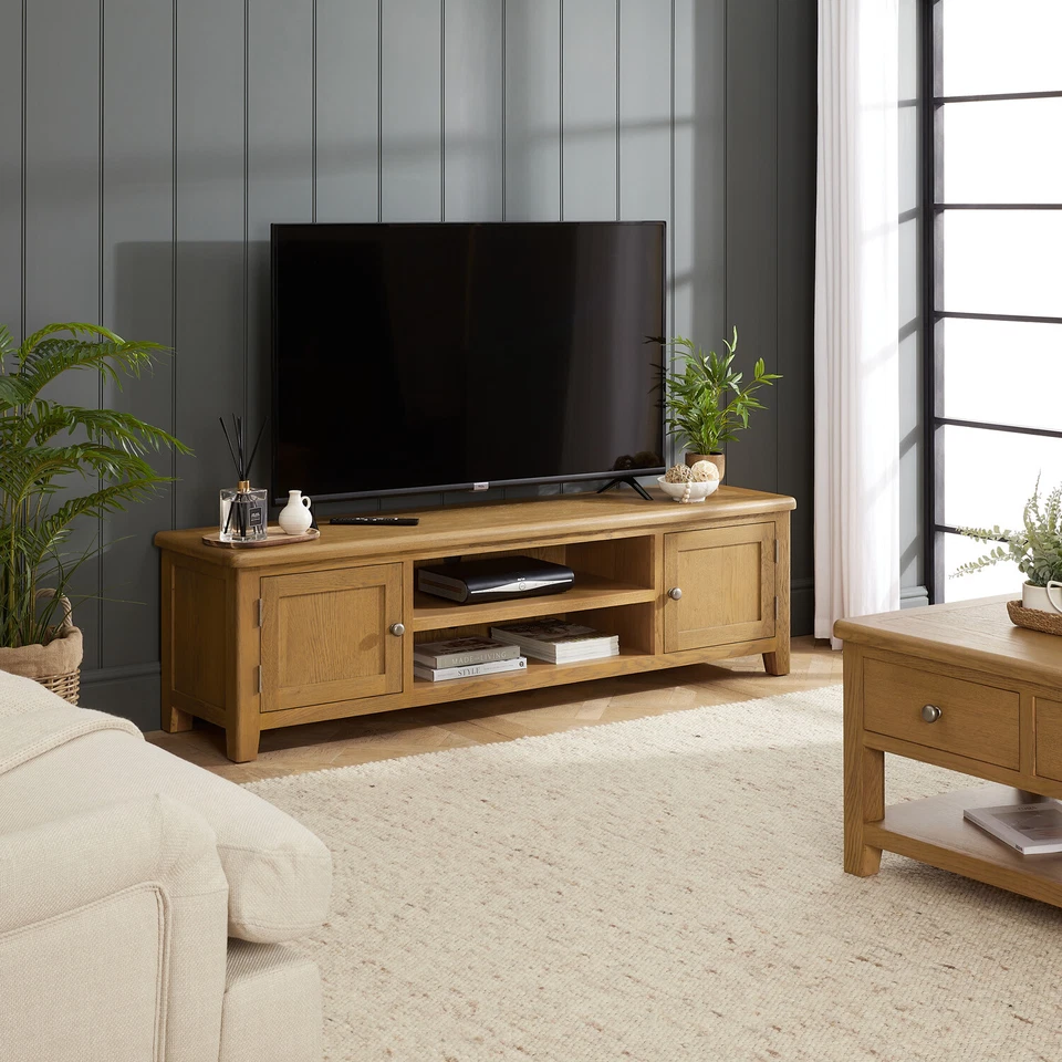 Cotswold Rustic Smoked Oak Large Widescreen TV Unit Stand – Up to 80” TV Size - Image 3 of 4