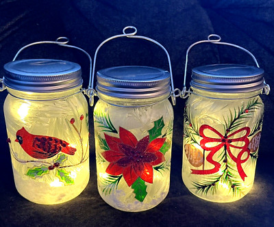 Set of 3~Hand Painted Frosted 3 x5.5  Hanging Mason Jars Lights Christmas Decor