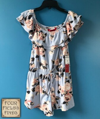HOT KISS Light Blue Floral Romper Junior's M Soft Stretchy Ruffle NWT MSRP $32