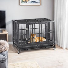 37 inch Large Metal Dog Cage with 2 Doors  4 Wheels Stackable Dog Kennel Black