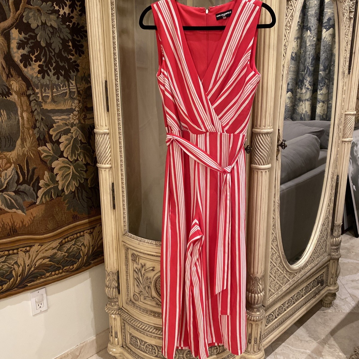 Karl Lagerfeld Womens Pink &White Sleeveless Belted Jumpsuit 12