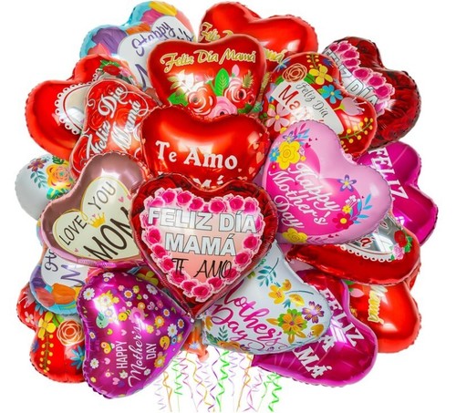 36Pcs Mother's Day Balloons, Happy Mom Foil Mylar Day Balloons, Mama Red Heart B