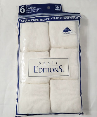 Vtg Basic Editions Womens Lightweight Cuff Socks 6 Pk White NEW Shoe Size 4-9