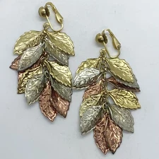 VTG BOHO TRI-TONE STAMPED LEAVES METAL CHANDELIER DANGLE CHAIN EARRINGS CLIP-ON