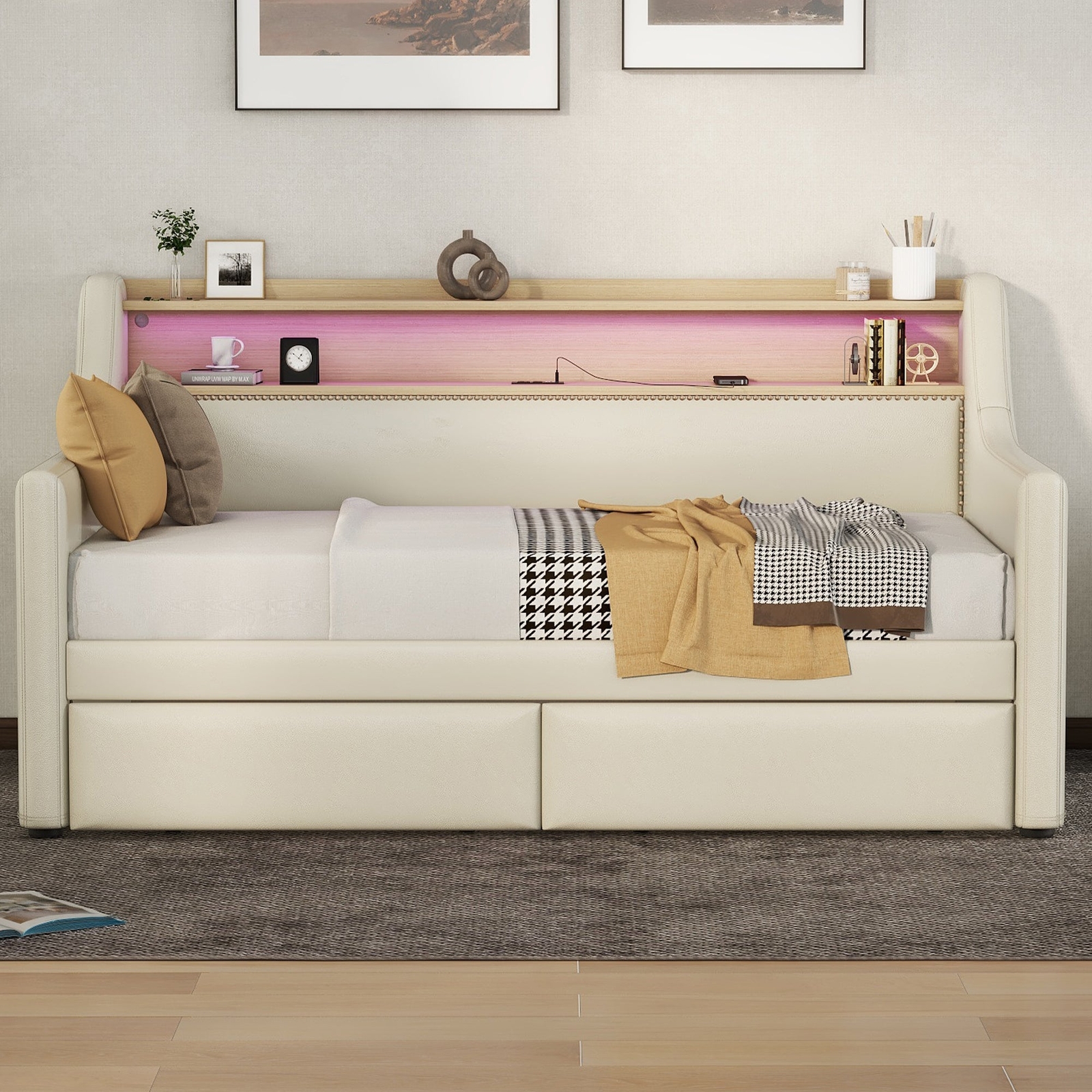 Twin Daybed w/ Storage, Charging & LED Lights - Beige