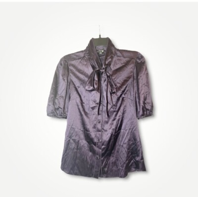Ann Taylor Size 2 Purple Silk Short Sleeve Blouse with Bead button, tie bow neck