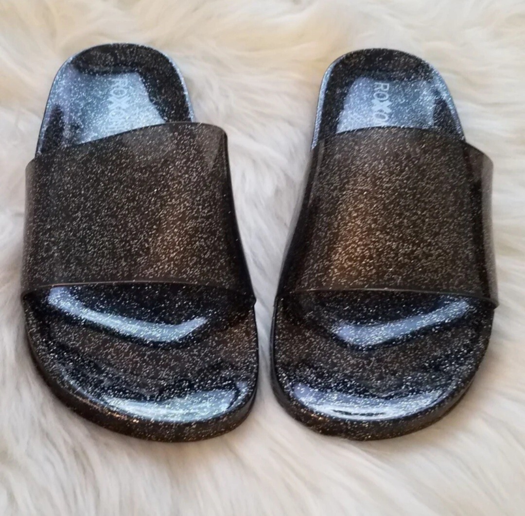 Roxoni BLACK Silver Shimmer Sparkle Glitter Jelly Slides Sandals Rave Festival 8