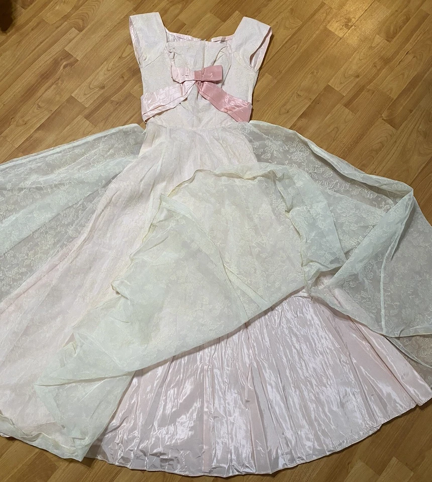 Vintage 50s Pink Off white Floral Fit Flare Prom Dress Evening Gown Pink Pinup - Image 2 of 4