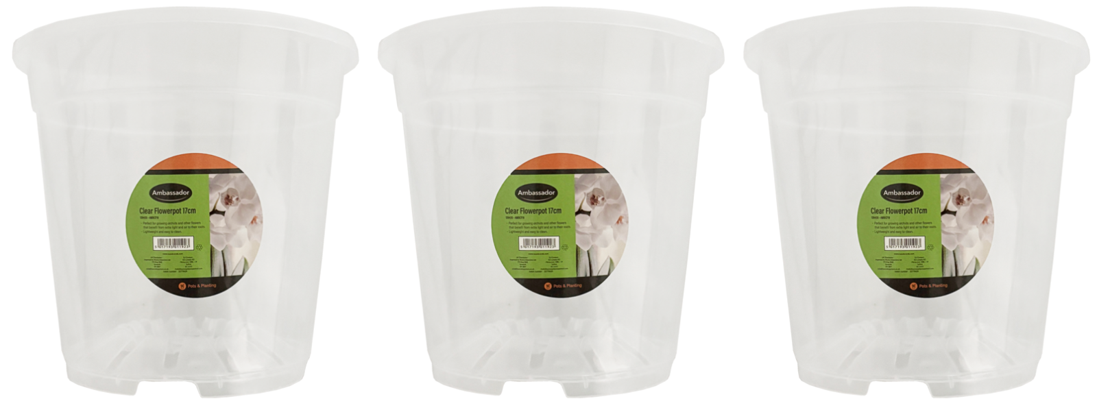 3x Ambassador Garden Clear Plastic Flower Orchid Plant Pot Planter Growing- 17cm