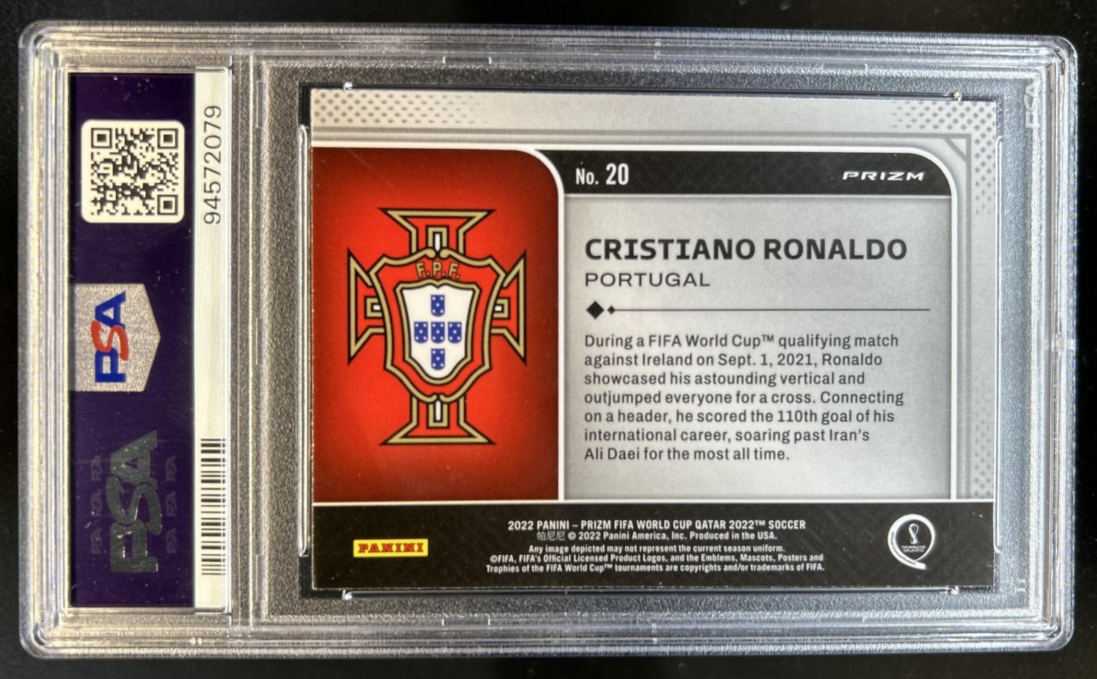 2022-23 Panini Prizm World Cup Cristiano Ronaldo National Pride #20 PSA 9 view 2