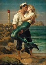Mermaid Sailor Art Print Romantic Ocean Fantasy Nautical Couple Lighthouse AF82