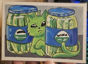 Aceo Holographic Print  Of Alien  Cat Camouflage. Cat Between Pickle Jars
