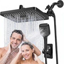 Rain Shower Head System Black 11" High Pressure Handheld Adjustable Arm Set