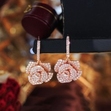 Rose Gold Plated Cubic Zirconia Flower Rose Long Dangle Drop Earrings Women Gift