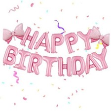 16 Inch Pink Happy Birthday Balloons Letters Banner 2PCS Mini Bow Balloons