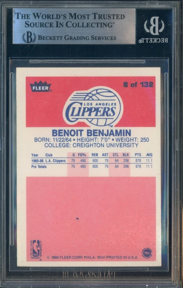 Benoit Benjamin Signed 1986-87 Fleer Basketball #8 RC Rookie BGS BAS AUTO - Image 2 of 2