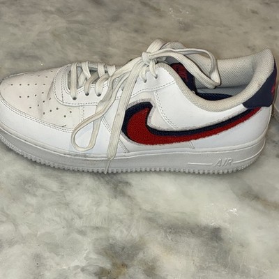 Nike Air Force 1 '07 LV8 SZ9 white leather upper red and blue chenille Swoosh