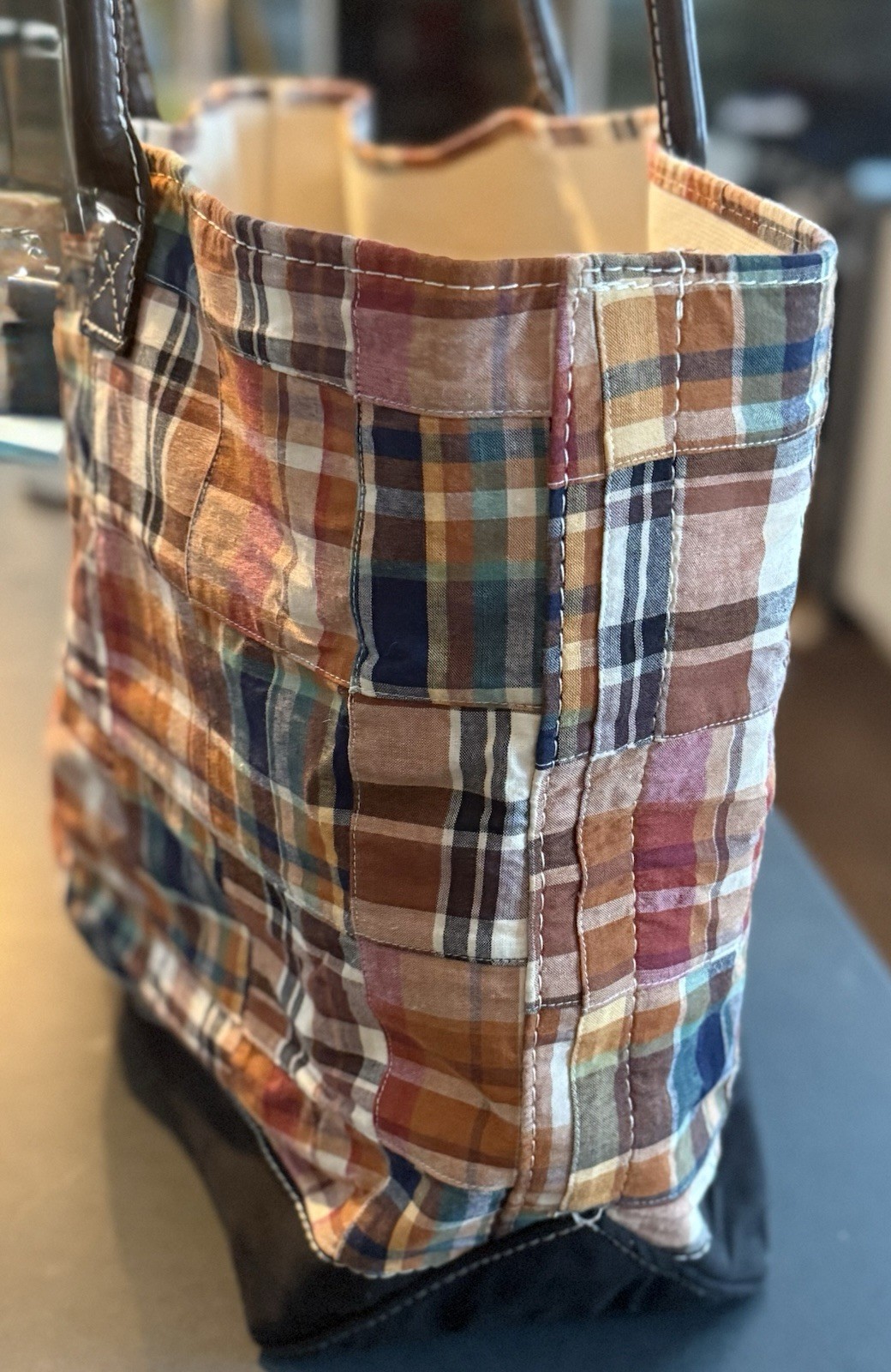 LL BEAN Plaid Patchwork Leather Handle LARGE Tote… - image 12