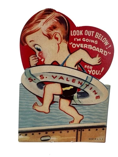 Vtg Valentine Boy W  Life Preserver Jumping Overboard Water- S. S. Valentine