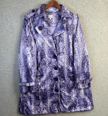 VTG Hot In Hollywood Purple Snakeskin Print Trench Coat Plus Sz 1X Satin Lined