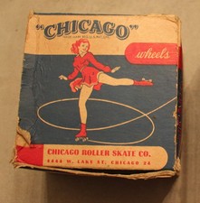 Box of Eight Wood Roller Skate Wheels by Chicago Roller Skate Co.