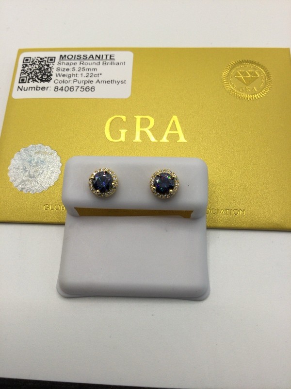 GRA 5.25mm Round Purple Moissanite Halo Stud Earrings Yellow Gold Plated