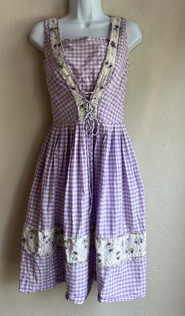 Vintage 70s Handmade Prairie Dress XS S Lace Up Gingham Milkmaid Cottagecore
