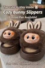 Cozy Slide Slippers with cute Labubu looking face - Brown Faux Fur Plush Animal