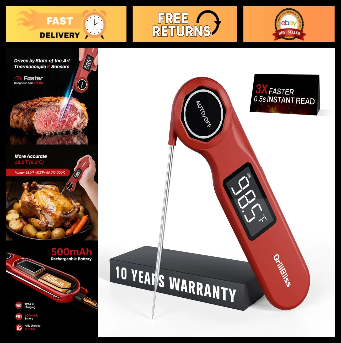 Instant Read Digital Food Thermometer - USB-C Rechargeable, Fast 0.5s Read, BBQ