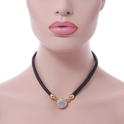 Black Rubber Necklace With Crystal Round Magnetic Closure - 38cm L - Picture 3 of 4