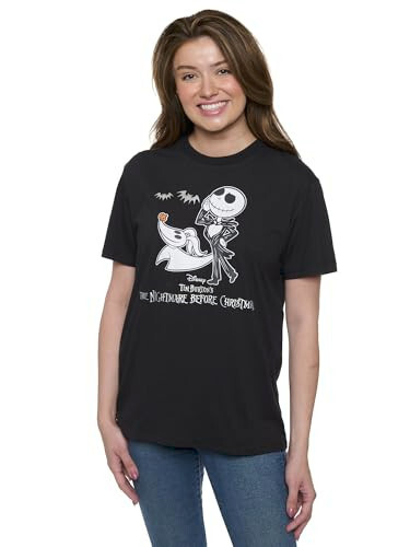 Women's Disney Jack Skellington and Zero Short Sleeve T-Shirt Foil Details Black - Picture 1 of 5