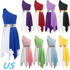 Kids Girls Lyrical Praise Dance Dress Color Block Single Shoulder Tunic Dress