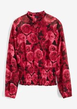 Chiffon-Bluse mit V-Ausschnitt Gr. 50 Rot Geblümt Damen Langarmbluse Shirt Neu