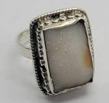 Size 9 Sterling Silver .925 Ring Rectangle White Druzy Glitter Stone Beaded