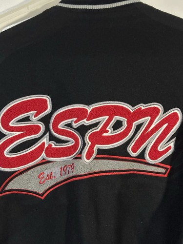 ESPN Black Leather Sleeves Embroidered Letterman Jacket Sz Large - Picture 10 of 15