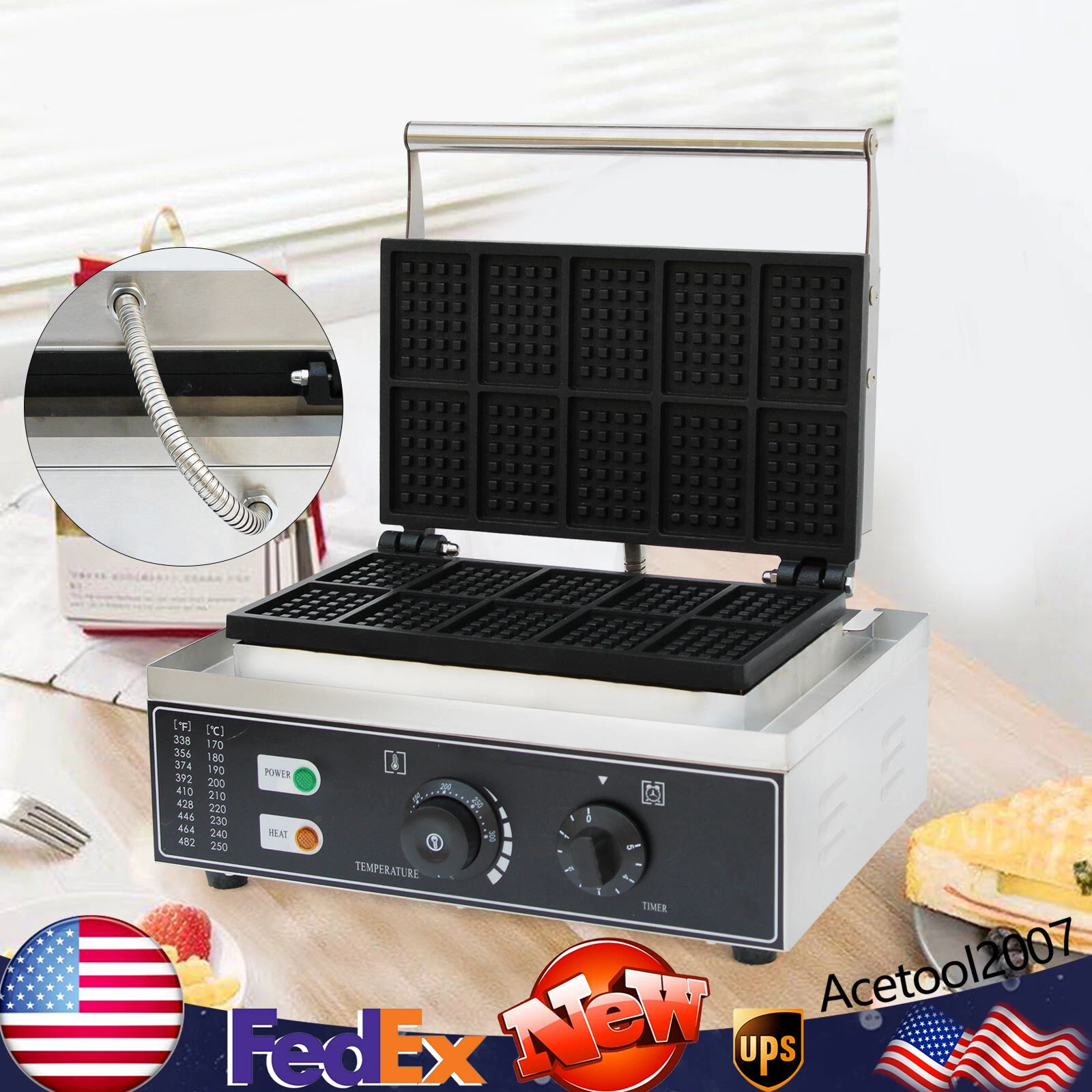 Commercial Nonstick 110V Electric 10 pcs Waffle Maker Baker Machine Square 1500W