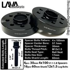 4PC 30MM THICK 4X100 57.1MM C.B WHEEL SPACER+12X1.5 BOLT FIT VOLKSWAGEN AND MORE