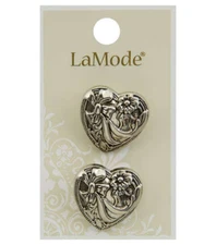 LaMode Heart Shaped Buttons Silver Flower Heart 1" Size 2 Pack Shank New