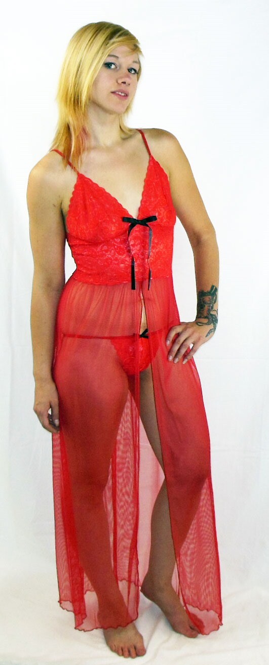 Espiral Long Gown with matching G string Style 772 - 2X-Large - Red/Black