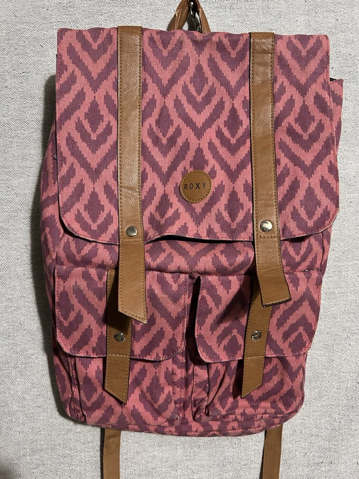 ROXY Guatemalteco Jacquard Tejido Plegable Top Mochila Cuero Borde Correas Rosa Púrpura Foto 2 de 4