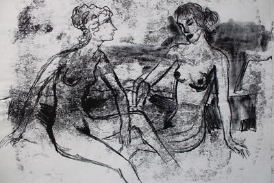 Two Sitting Women | Nude Monotype & Drawing by Alfred Seidel from the Na...