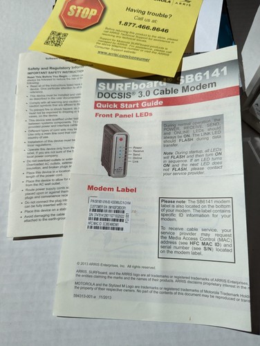 Modem 400 Series ARRIS SURFboard SB6141 Motorola w manuals & Ethernet Cable - Picture 7 of 23