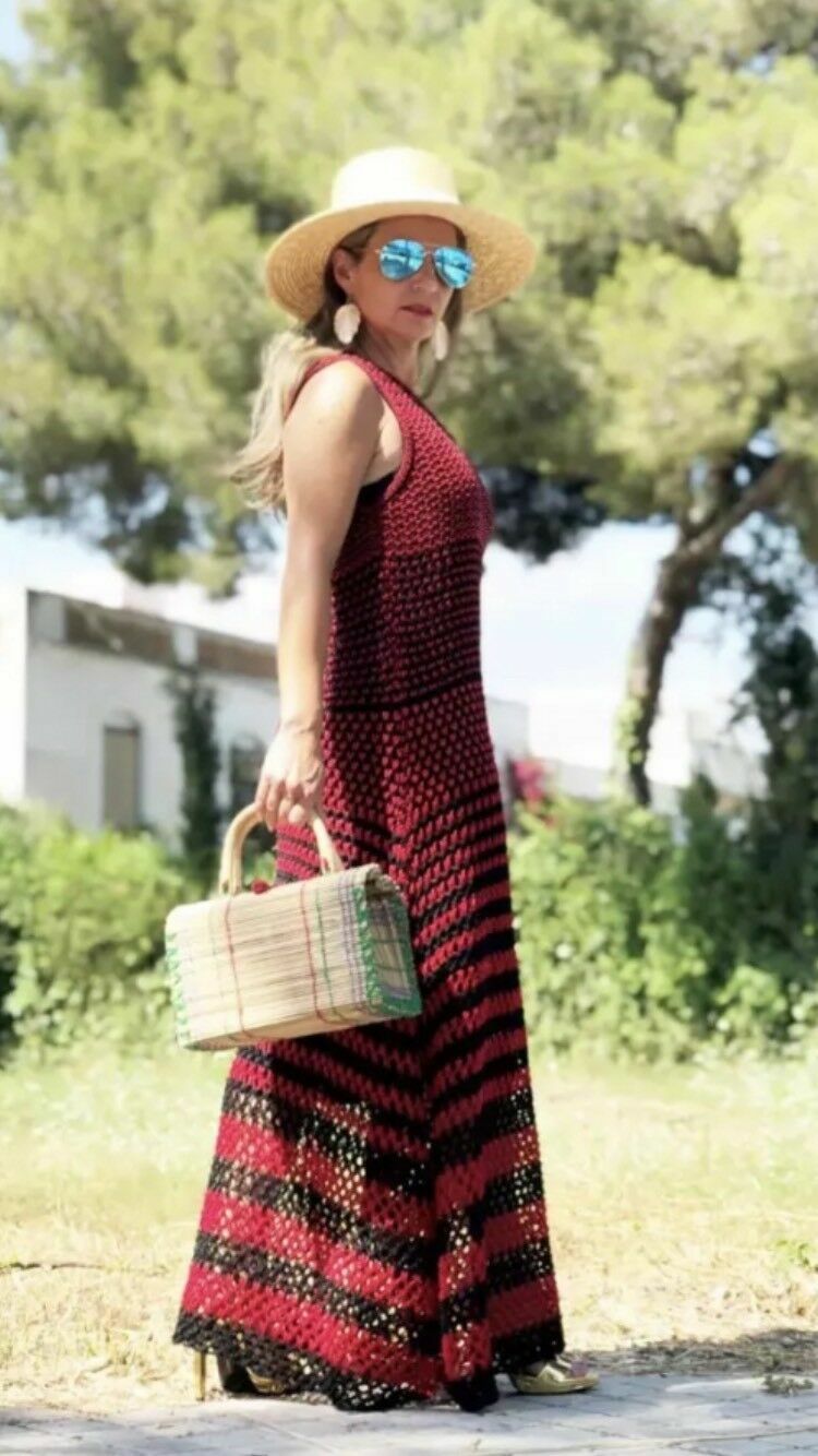 Zara Studio SS2018 Red Black Linen Crochet Knit Long Striped Dress Sz M NWT  New image 2